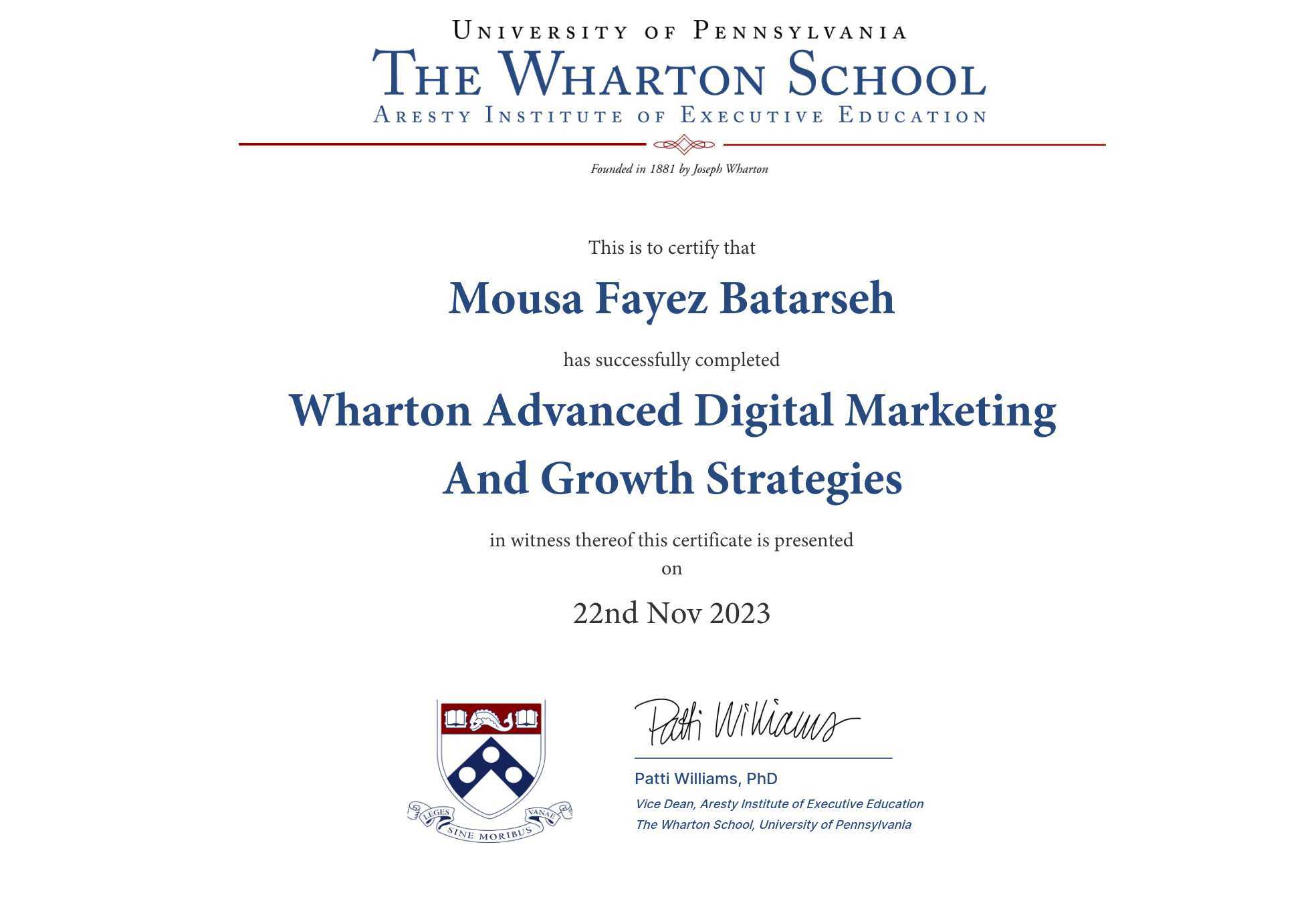 Official Wharton Online certificate for Advanced Digital Marketing and Growth Strategies, issued to Mousa Fayez Batarseh.
